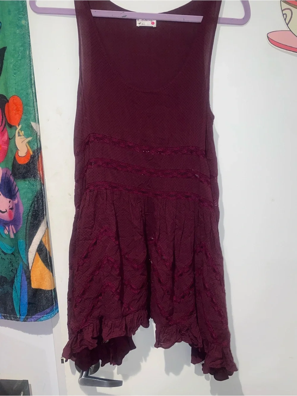 Free People Burgundy Boho Lace Ruffle Tunic Mini Dress Small
